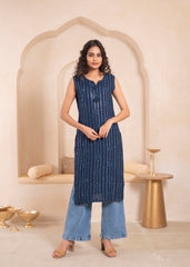 Navy Geometric Embroidered Viscose Kurta with Mirror Work and Tassels-P11153NAVY