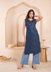 Navy Geometric Embroidered Viscose Kurta with Mirror Work and Tassels-P11153NAVY