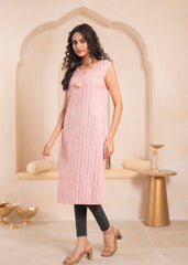 Pink Geometric Embroidered Viscose Kurta with Mirror Work and Tassels-P11153PINK