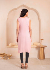 Pink Geometric Embroidered Viscose Kurta with Mirror Work and Tassels-P11153PINK