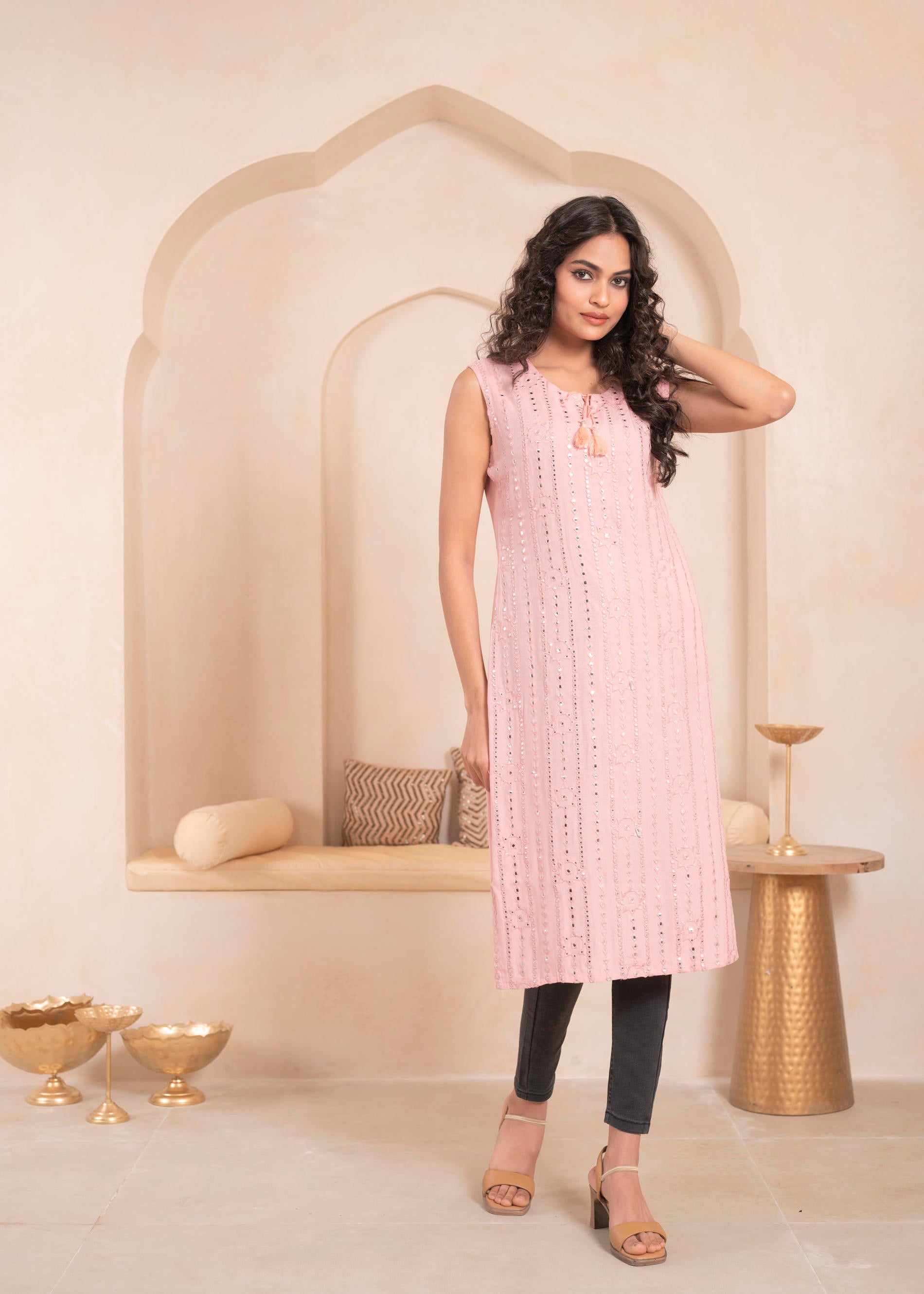 Pink Geometric Embroidered Viscose Kurta with Mirror Work and Tassels