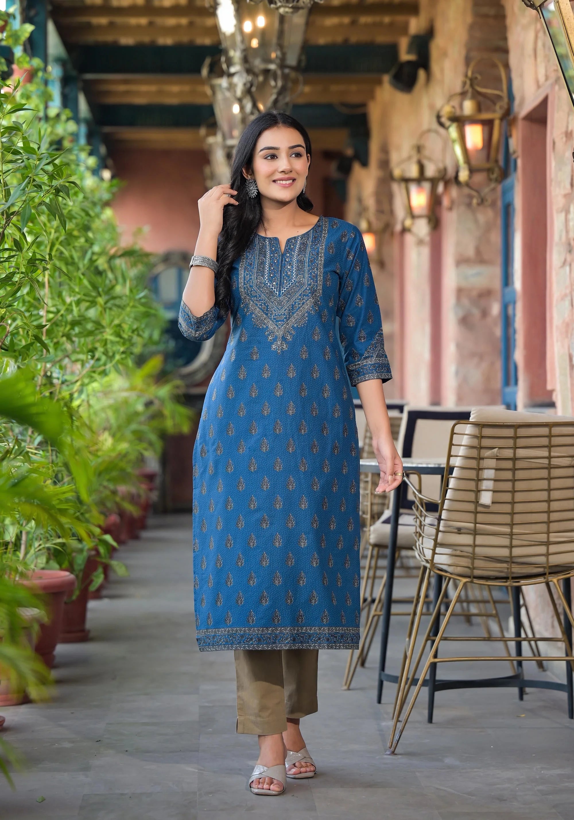 Blue Ethnic Motif Cotton Kurta | Indian Kurta for Women - Shop...