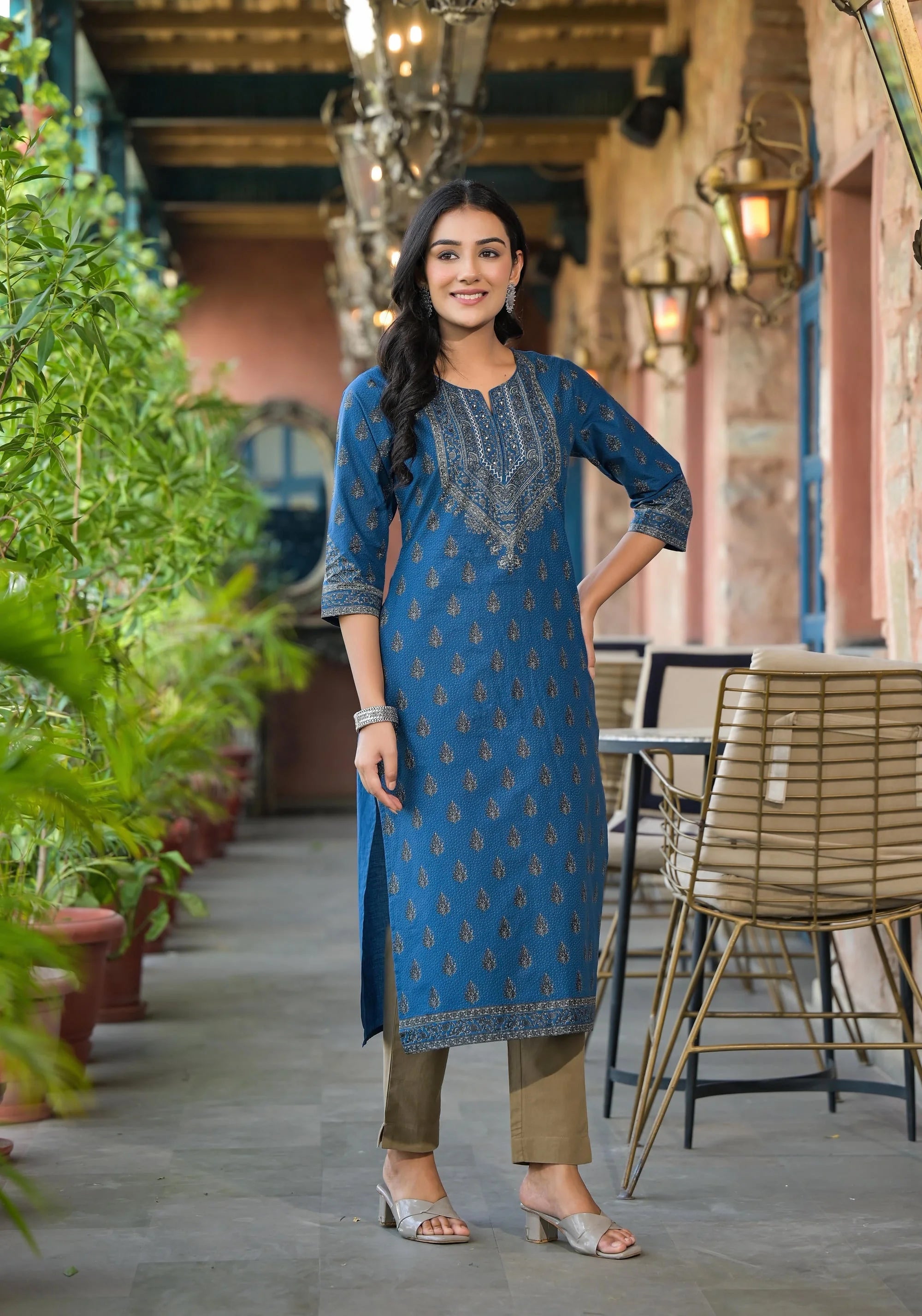 Blue Ethnic Motif Cotton Kurta | Indian Kurta for Women - Shop...
