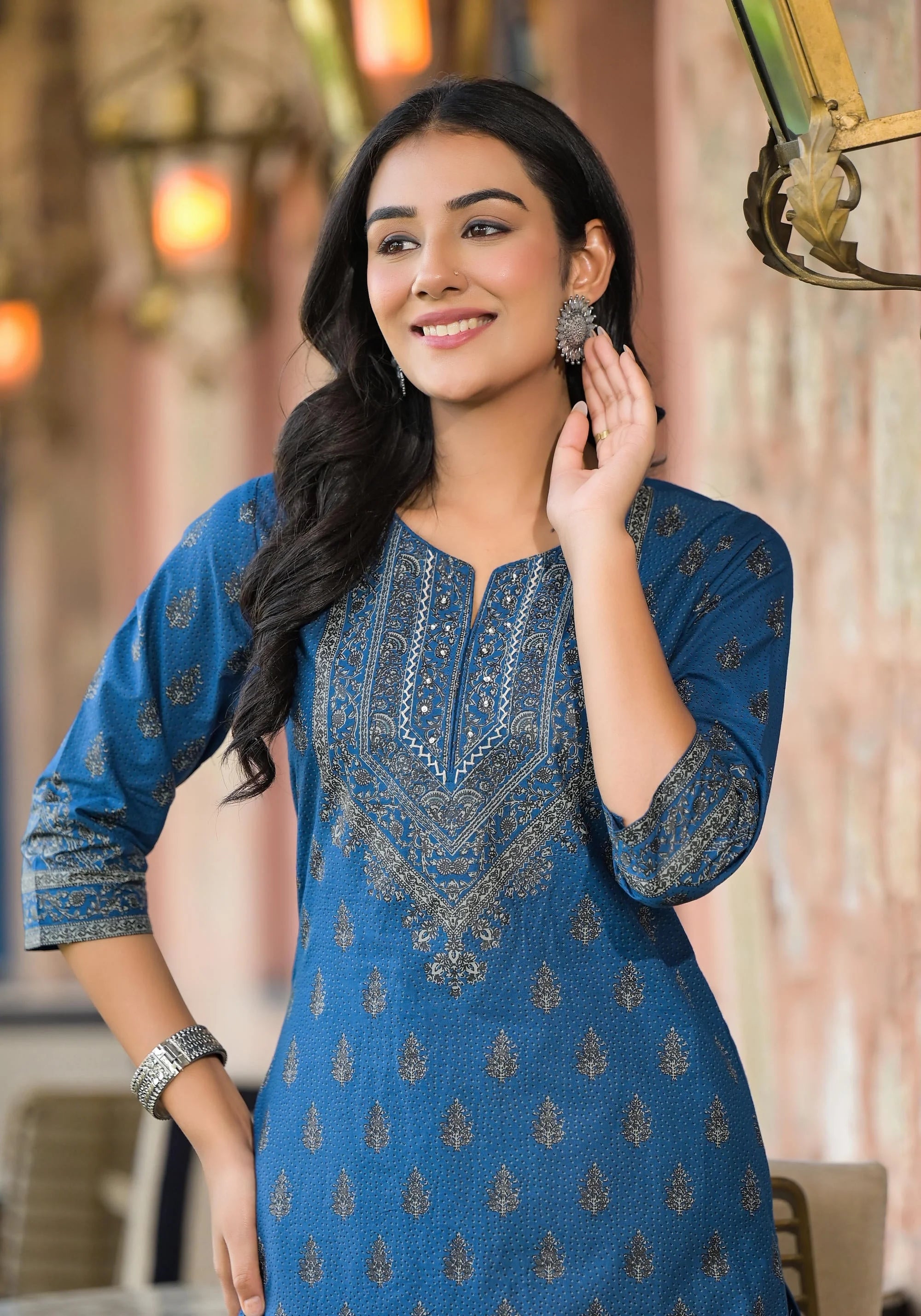 Blue Ethnic Motif Cotton Kurta | Indian Kurta for Women - Shop...
