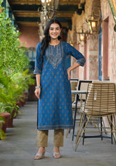 Blue Ethnic Motif Printed Cotton Kurta-P1115BLUE_OF