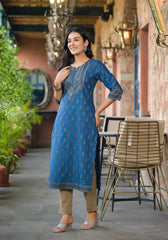Blue Ethnic Motif Printed Cotton Kurta-P1115BLUE_OF
