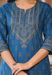 Blue Ethnic Motif Printed Cotton Kurta-P1115BLUE_OF