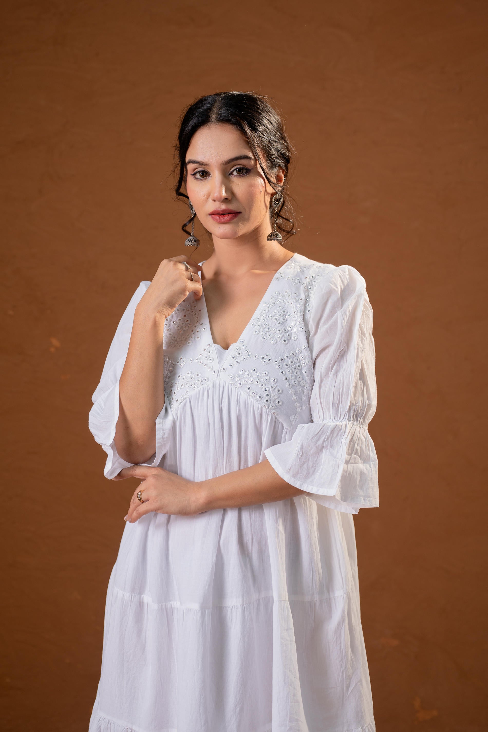 White Cotton Fit & Flare  Midi Dress 