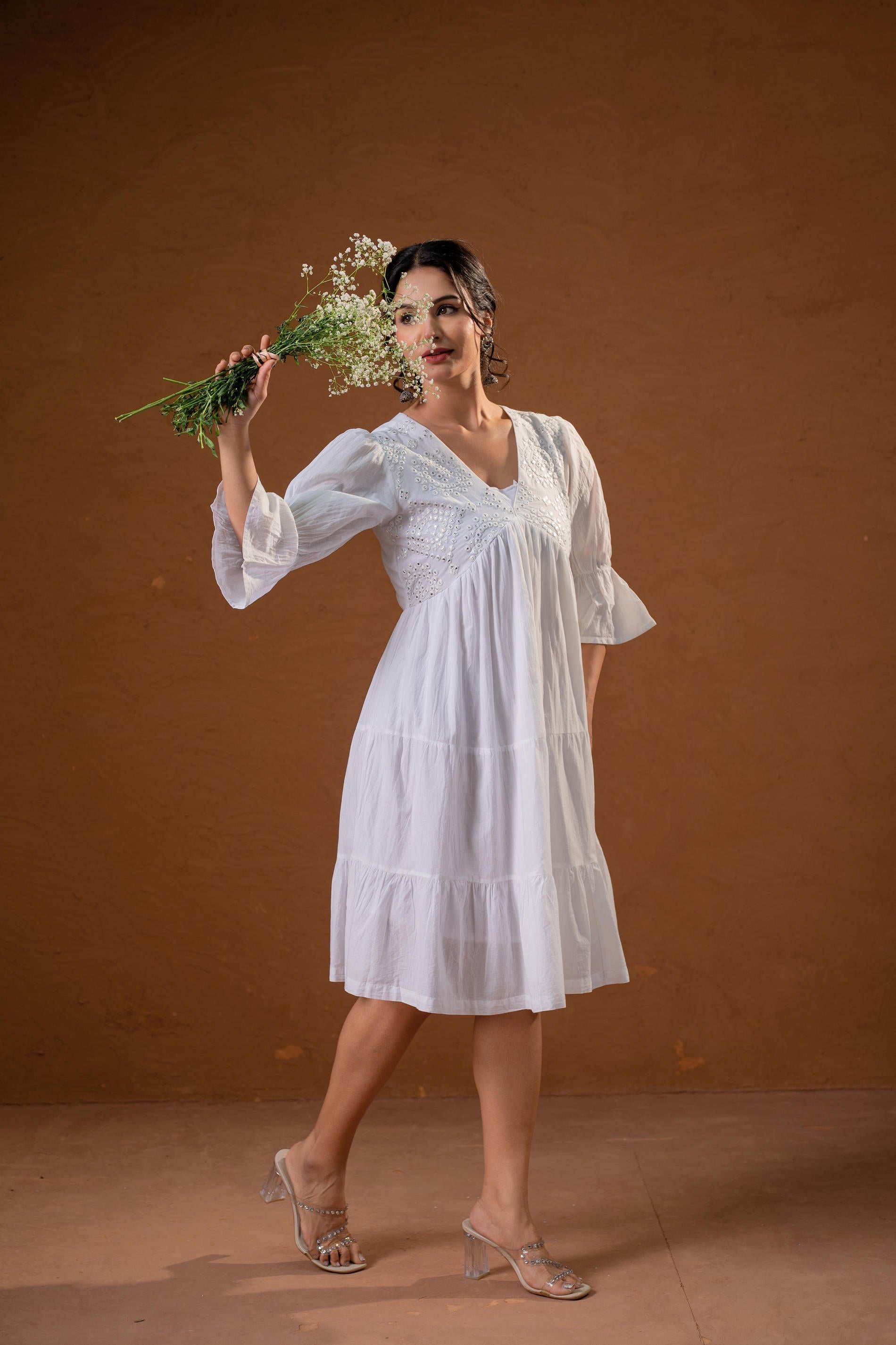 White Cotton Fit & Flare  Midi Dress 