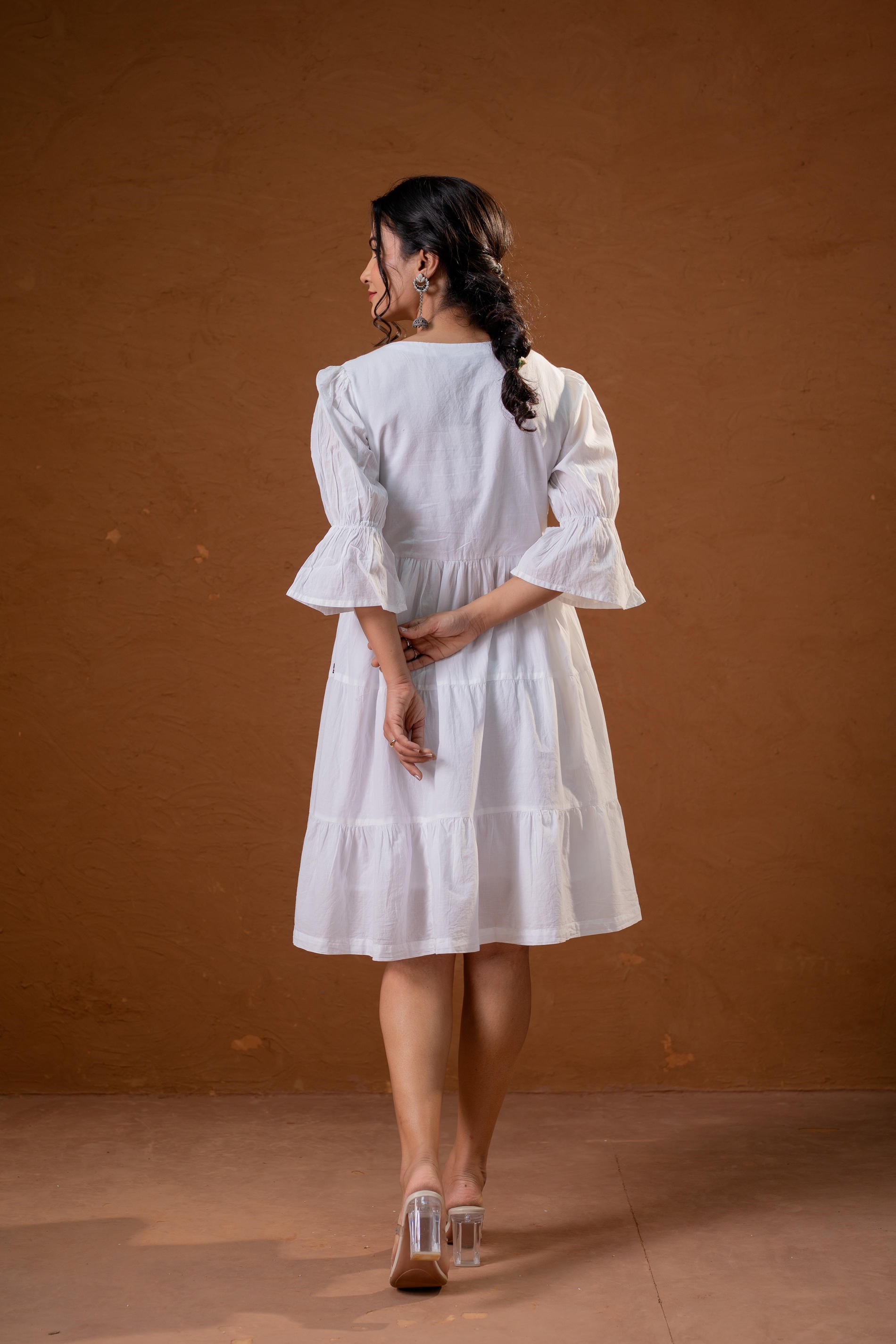 White Cotton Fit & Flare  Midi Dress 