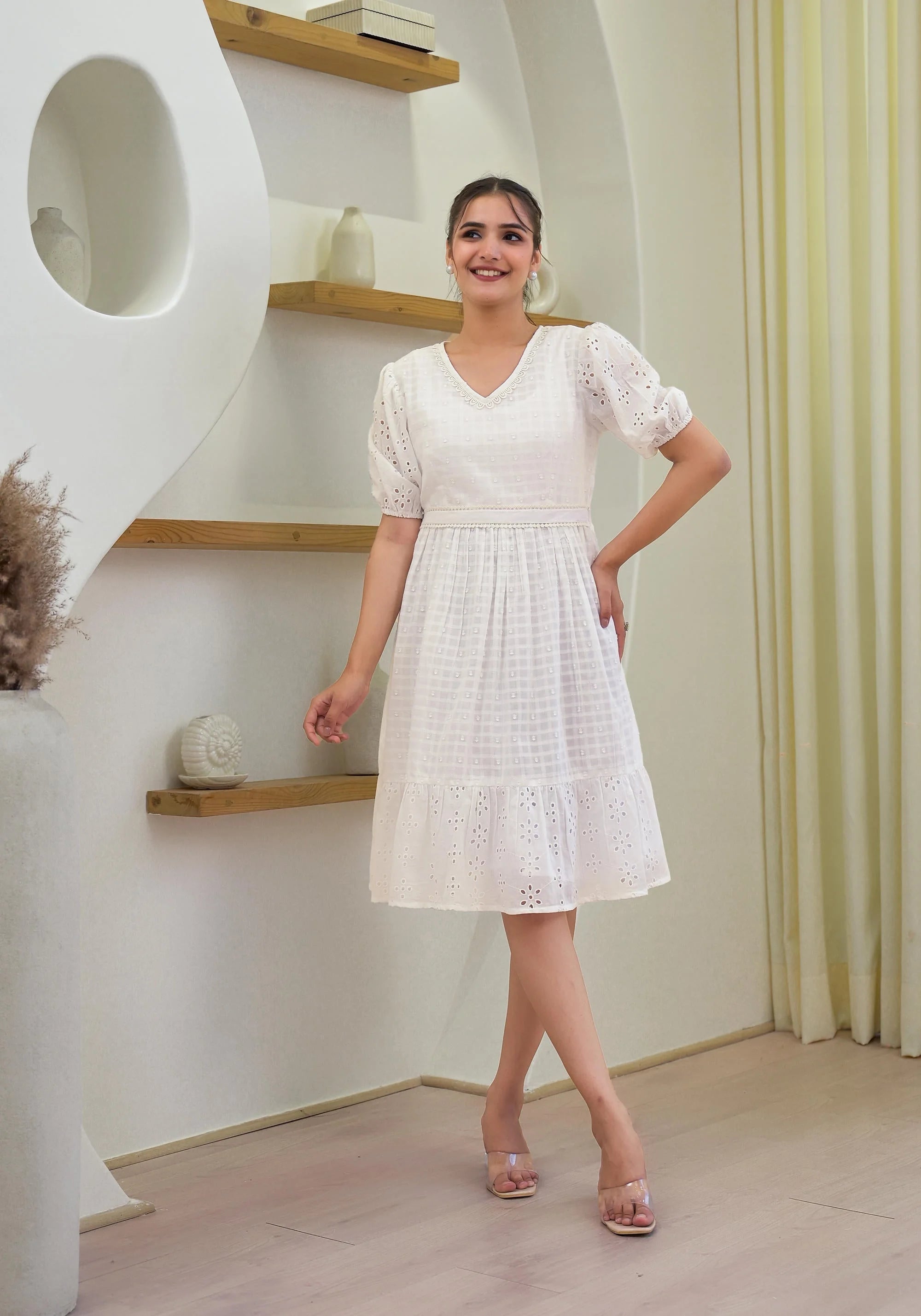 White Cotton Indian Dresses Online with Schiffili Work | Shop Now