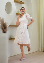 White Solid Cotton Short Dress With Schiffili Work-P1123WHITE_OF