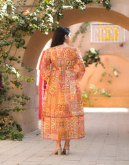 Orange Abstract Printed Chiffon Long Dress With Belt-P1125ORANGE