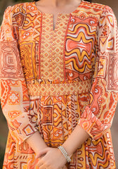 Orange Abstract Printed Chiffon Long Dress With Belt-P1125ORANGE