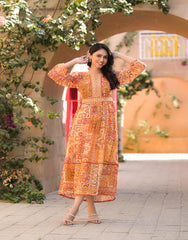 Orange Abstract Printed Chiffon Long Dress With Belt-P1125ORANGE
