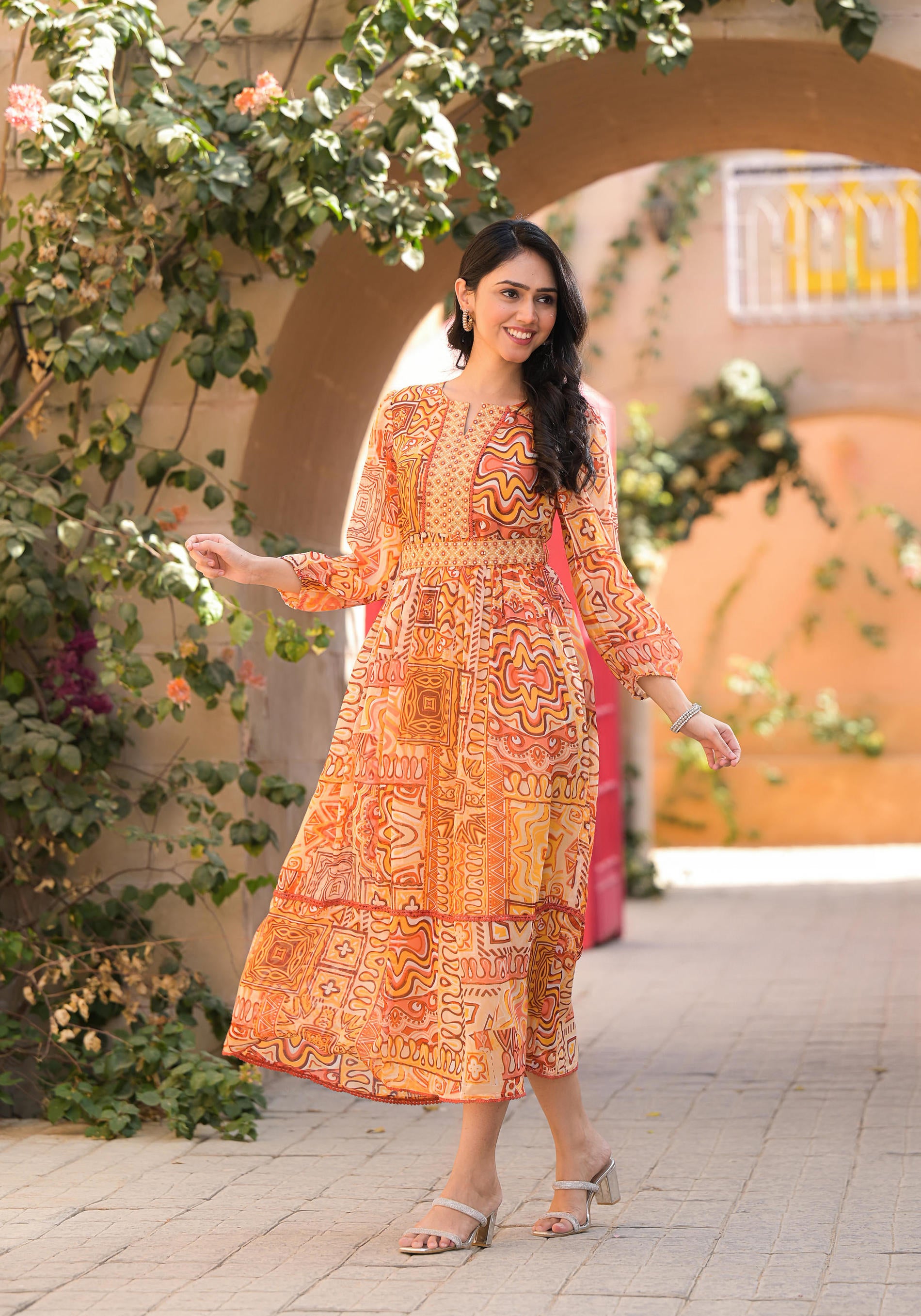Orange Abstract Printed Chiffon Long Dress With Belt