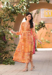 Orange Abstract Printed Chiffon Long Dress With Belt-P1125ORANGE