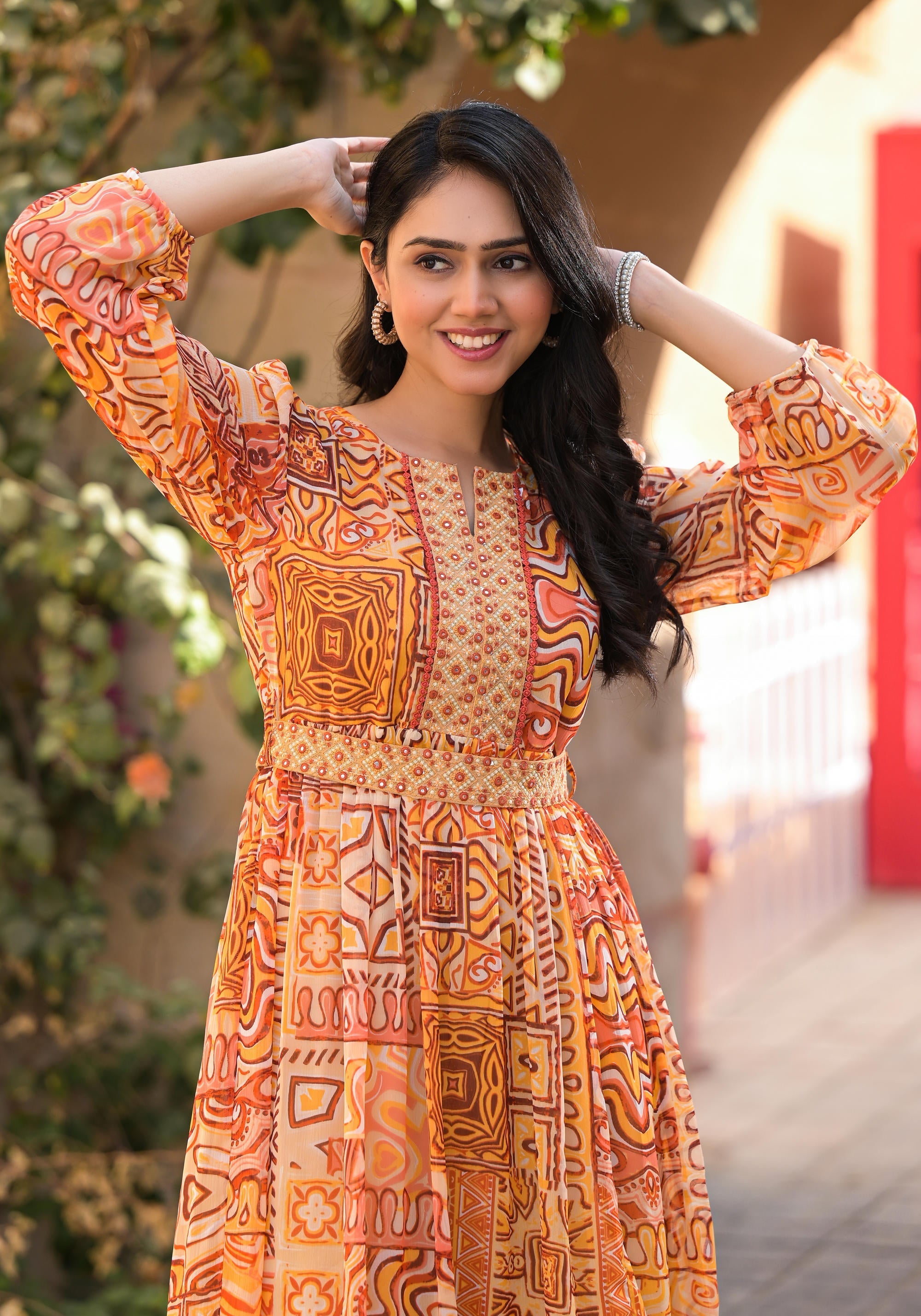 Orange Abstract Printed Chiffon Long Dress With Belt | DesiQlo