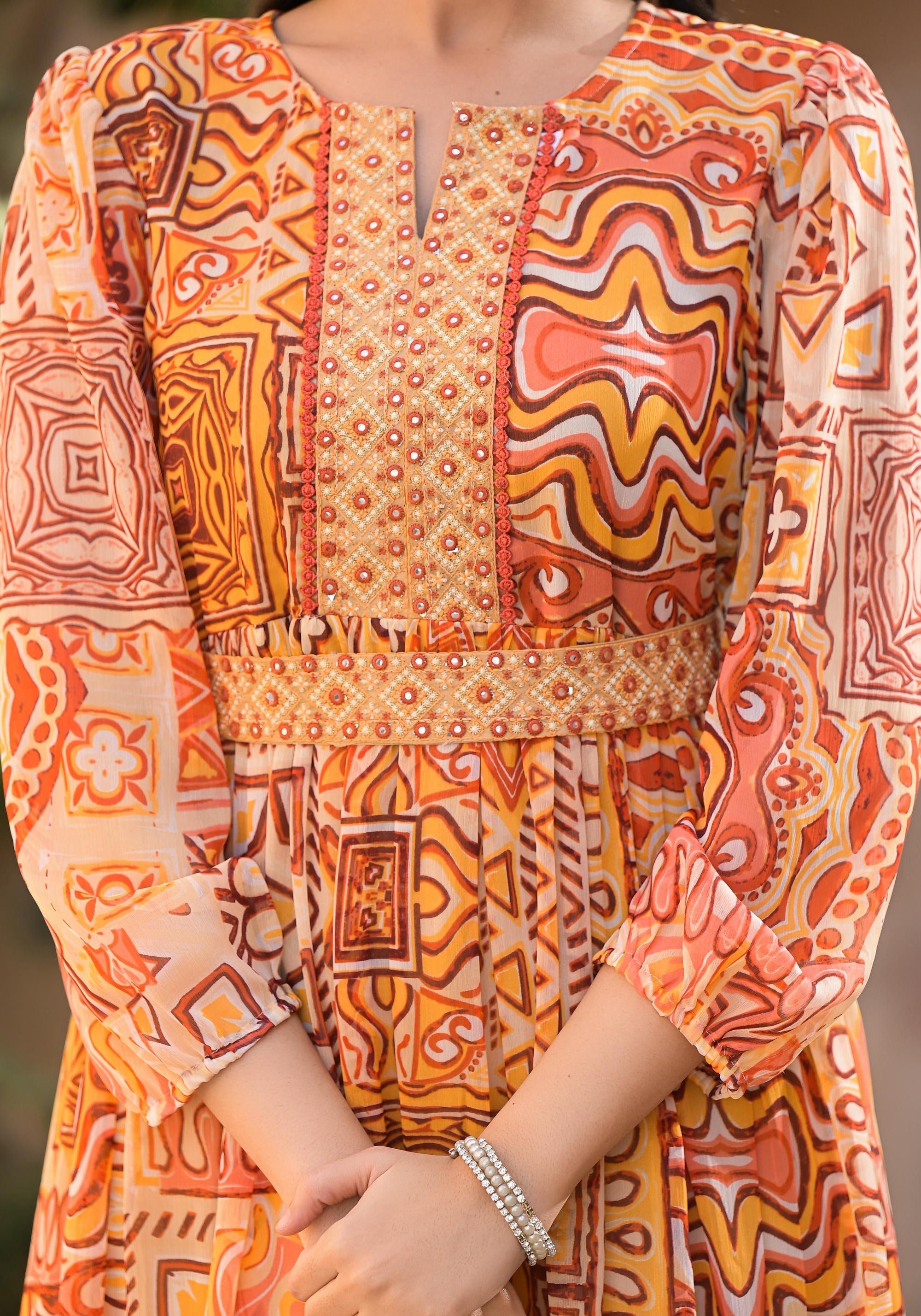 Orange Abstract Printed Chiffon Long Dress With Belt | DesiQlo