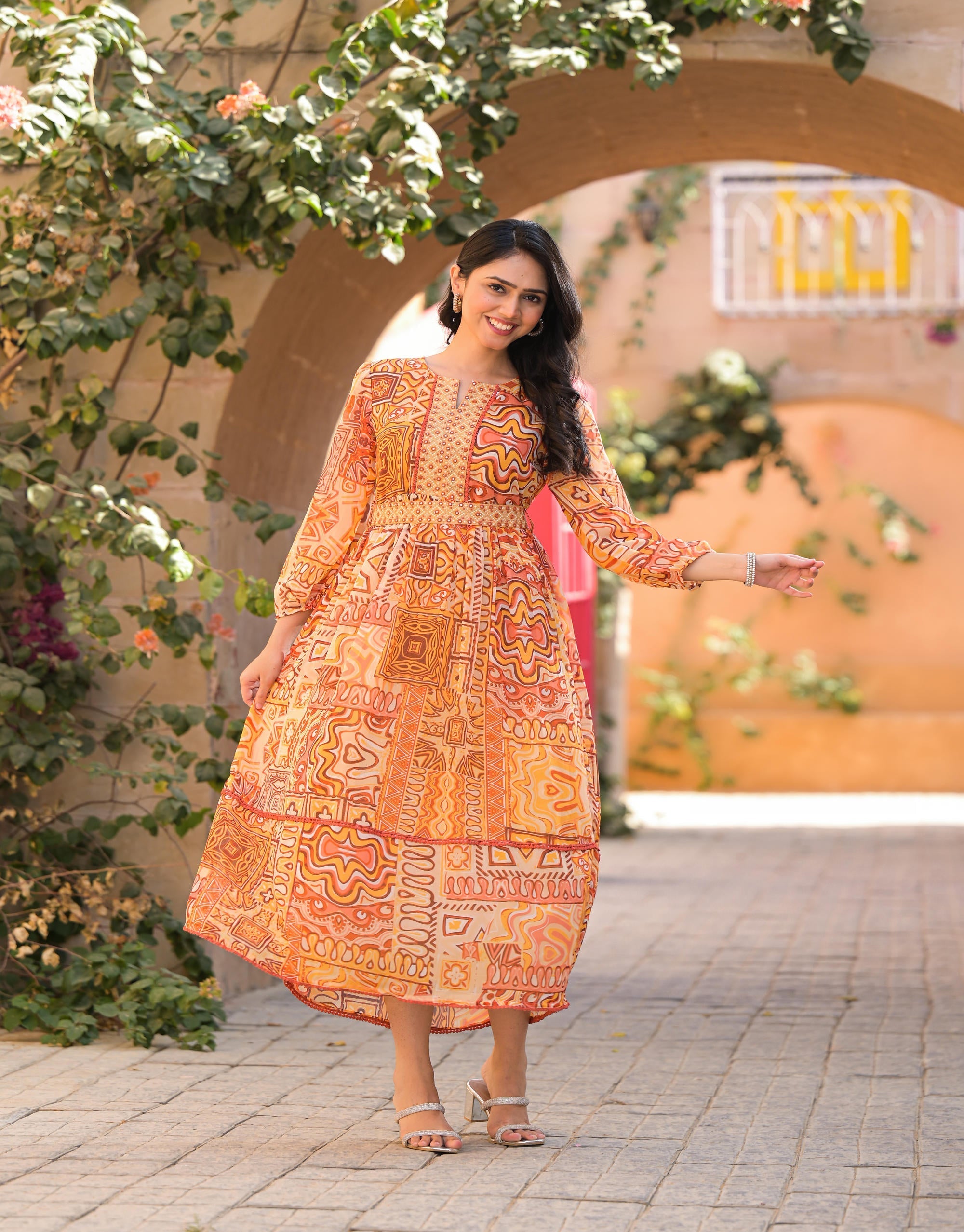 Orange Abstract Printed Chiffon Long Dress With Belt | DesiQlo