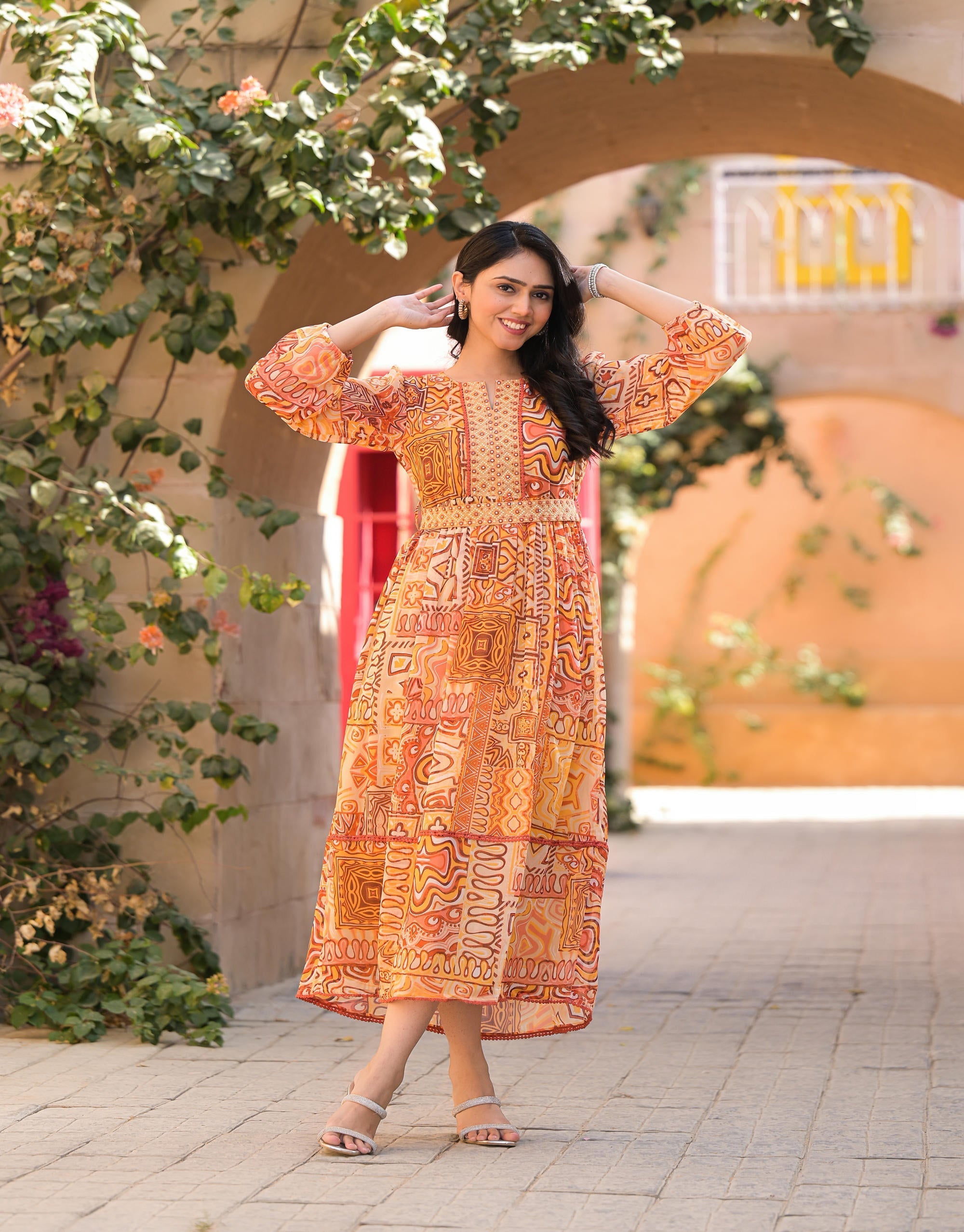 Orange Abstract Printed Chiffon Long Dress With Belt | DesiQlo