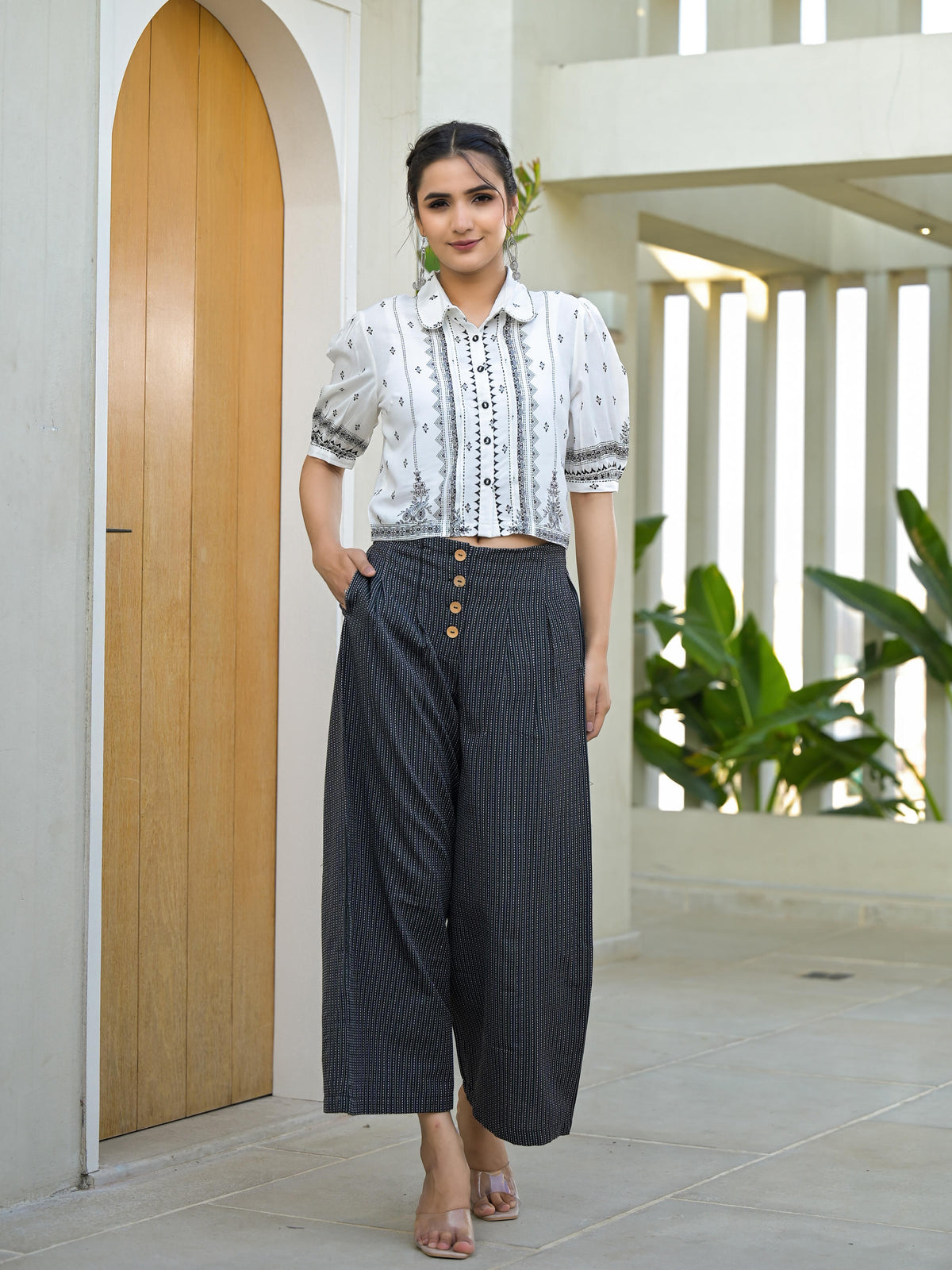 White Printed Crop Shirt with Charcoal Pinstriped Culottes Set-P1126WH_BLACK_OF