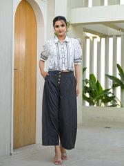 White Printed Crop Shirt with Charcoal Pinstriped Culottes Set-P1126WH_BLACK_OF