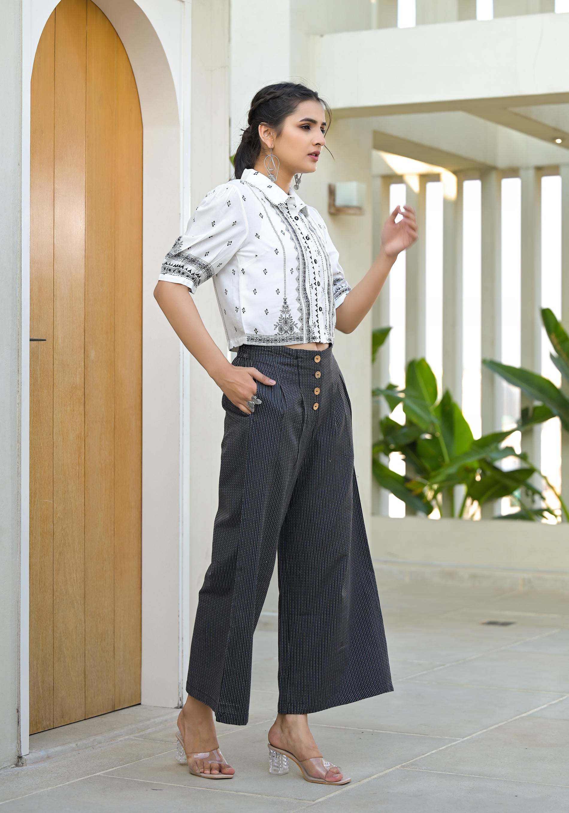 White Printed Crop Shirt with Charcoal Pinstriped Culottes Set-P1126WH_BLACK_OF