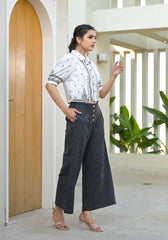 White Printed Crop Shirt with Charcoal Pinstriped Culottes Set-P1126WH_BLACK_OF