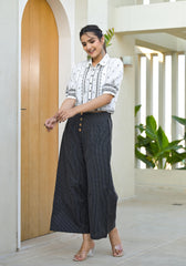 White Printed Crop Shirt with Charcoal Pinstriped Culottes Set-P1126WH_BLACK_OF