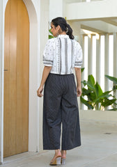 White Printed Crop Shirt with Charcoal Pinstriped Culottes Set-P1126WH_BLACK_OF