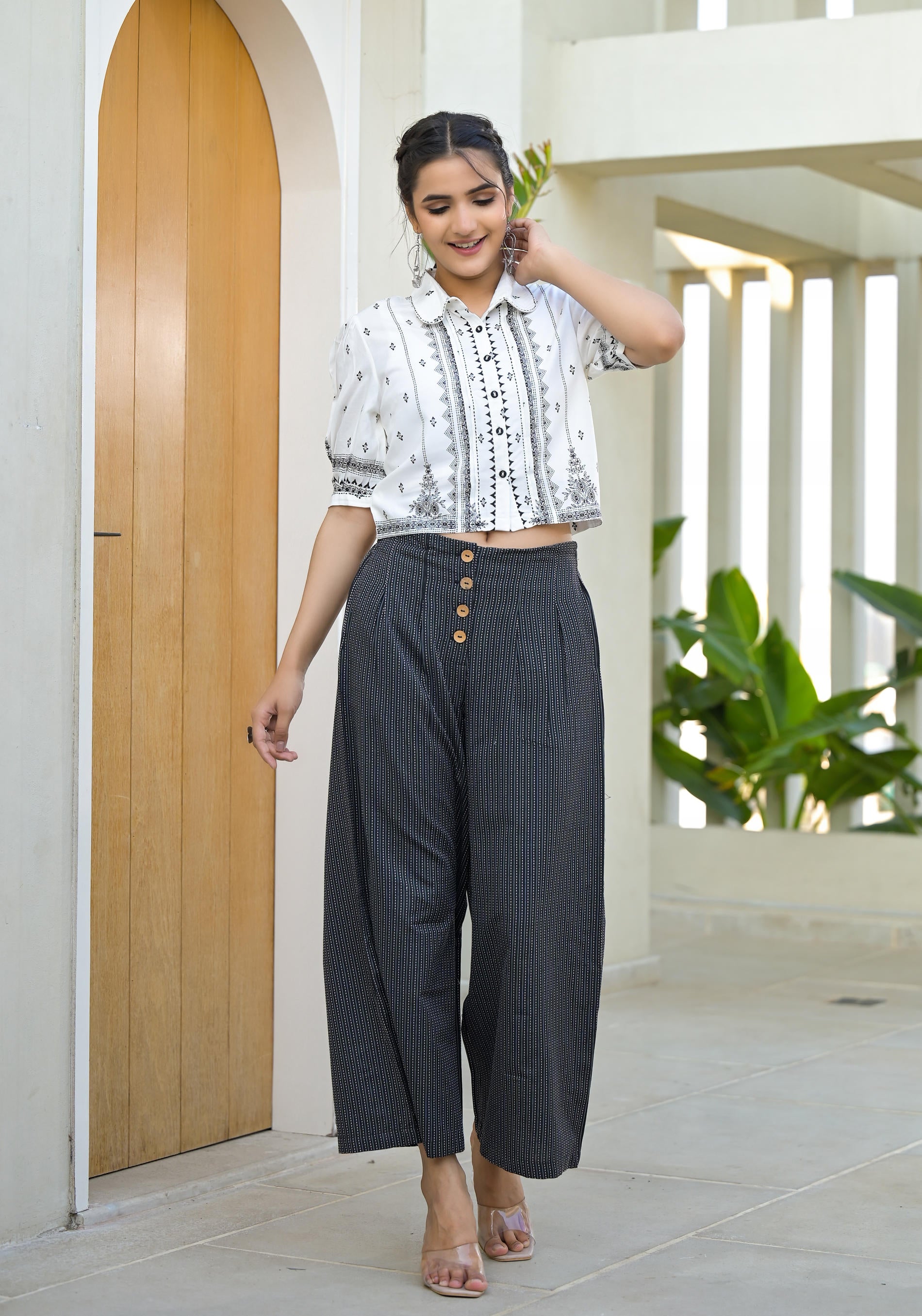 White Printed Crop Shirt with Charcoal Pinstriped Culottes Set-P1126WH_BLACK_OF