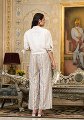 White Floral Embroidered Crop Shirt with Pastel Printed Palazzo Set-P1127MULTI_OF