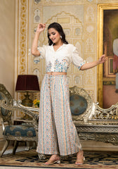 White Floral Embroidered Crop Shirt with Pastel Printed Palazzo Set-P1127MULTI_OF