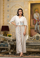 White Floral Embroidered Crop Shirt with Pastel Printed Palazzo Set-P1127MULTI_OF
