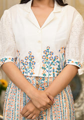White Floral Embroidered Crop Shirt with Pastel Printed Palazzo Set-P1127MULTI_OF