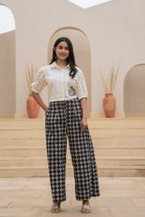 White Lace-Sleeve Shirt Top with Printed Wide-Leg Pants Co-Ord Set
