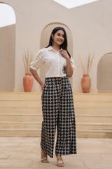 White Lace-Sleeve Shirt Top with Printed Wide-Leg Pants Co-Ord Set