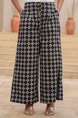 White Lace-Sleeve Shirt Top with Printed Wide-Leg Pants Co-Ord Set