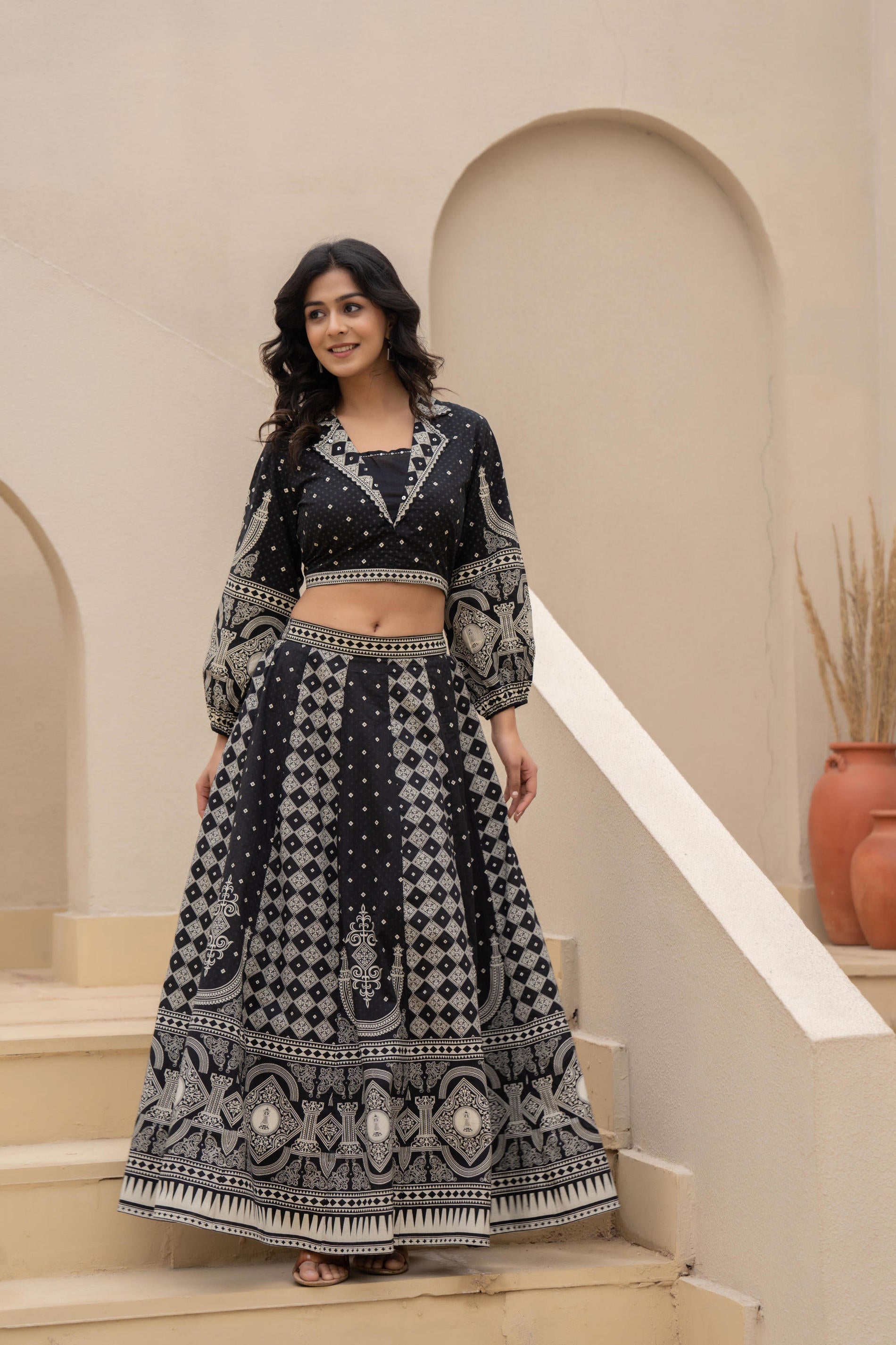 Black & White Printed Lehenga Choli Set with Ethnic Motifs | DesiQlo