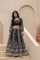 Black & White Printed Lehenga Choli Set with Ethnic Motifs