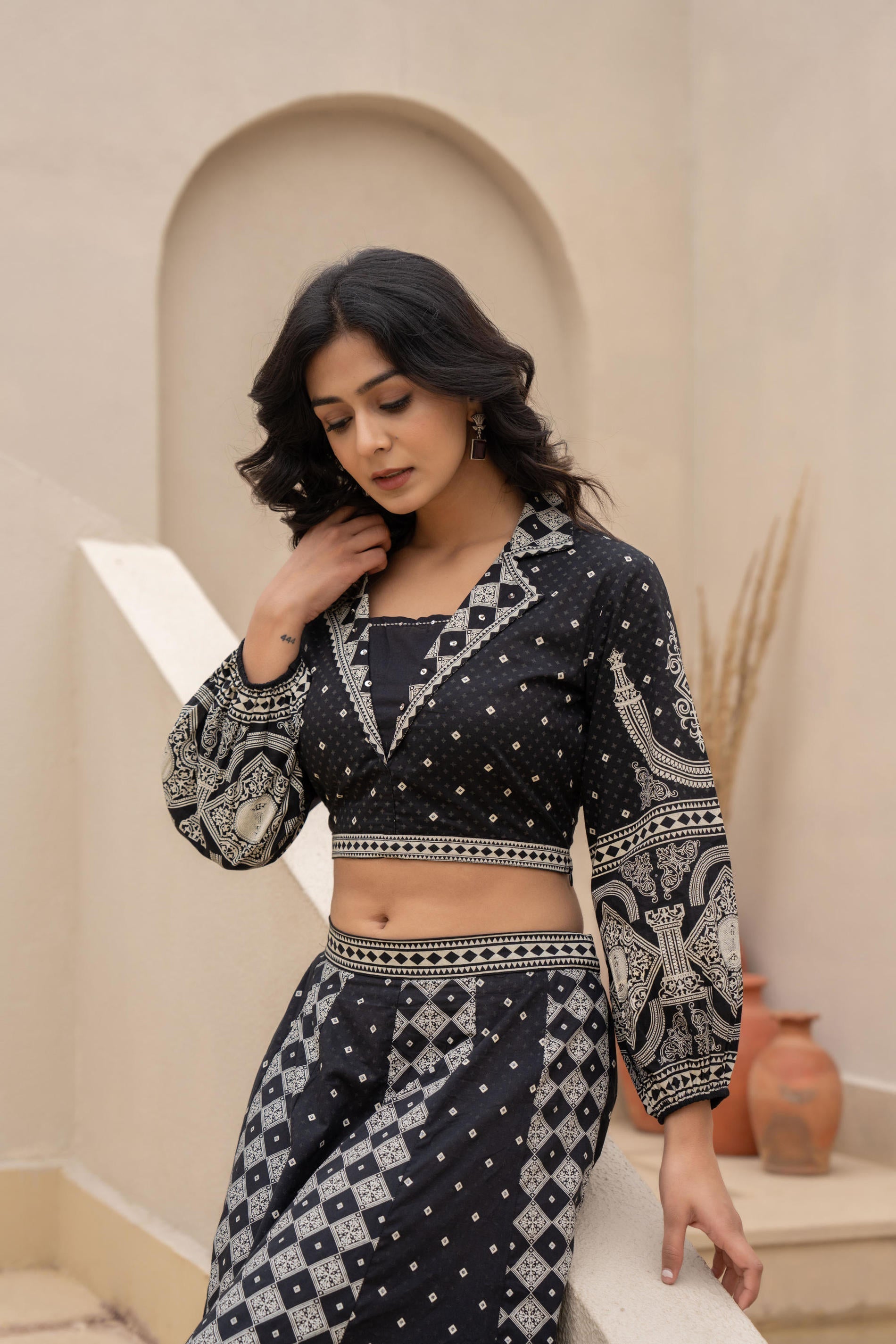 Black & White Printed Lehenga Choli Set with Ethnic Motifs | DesiQlo
