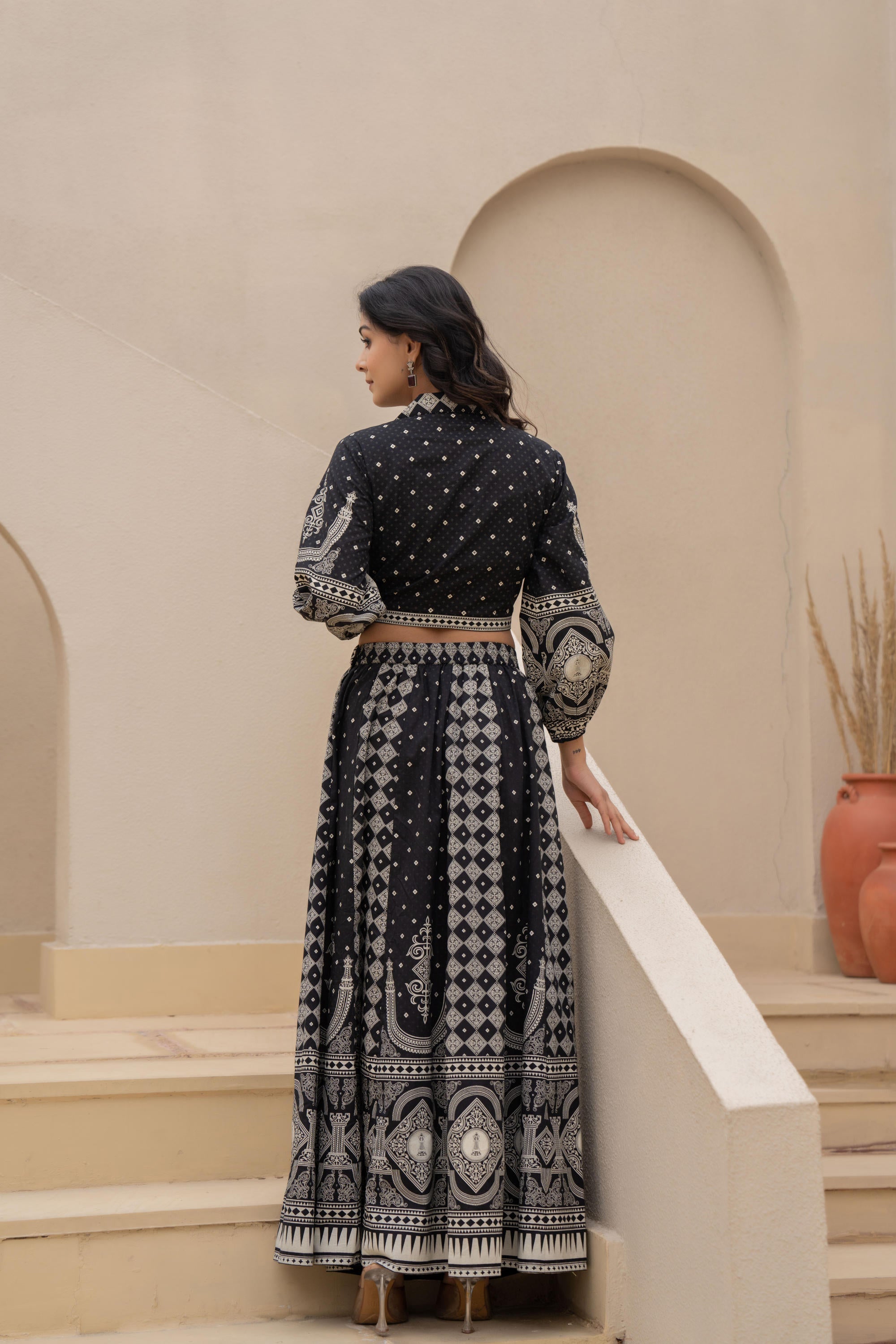 Black & White Printed Lehenga Choli Set with Ethnic Motifs | DesiQlo