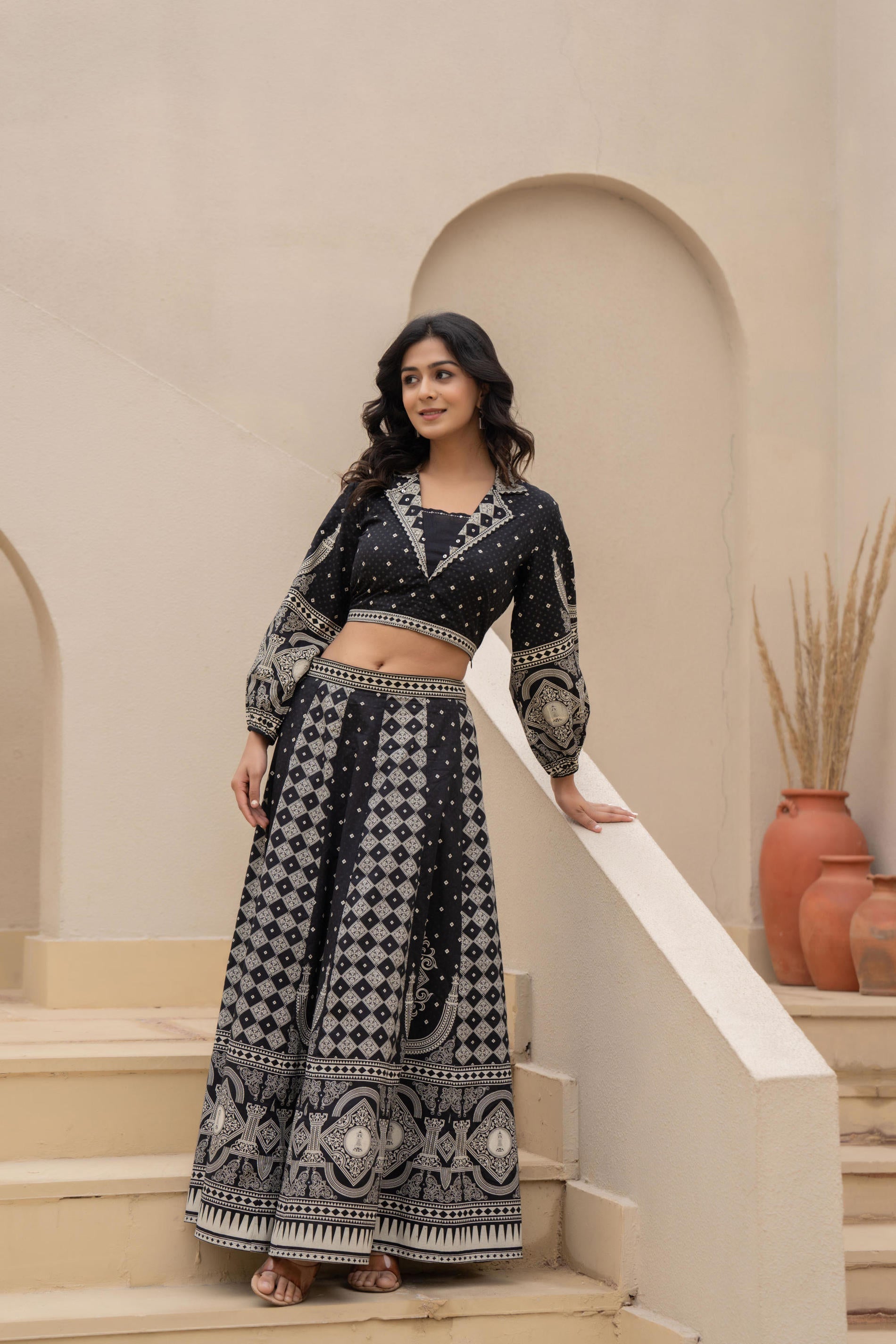 Black & White Printed Lehenga Choli Set with Ethnic Motifs | DesiQlo
