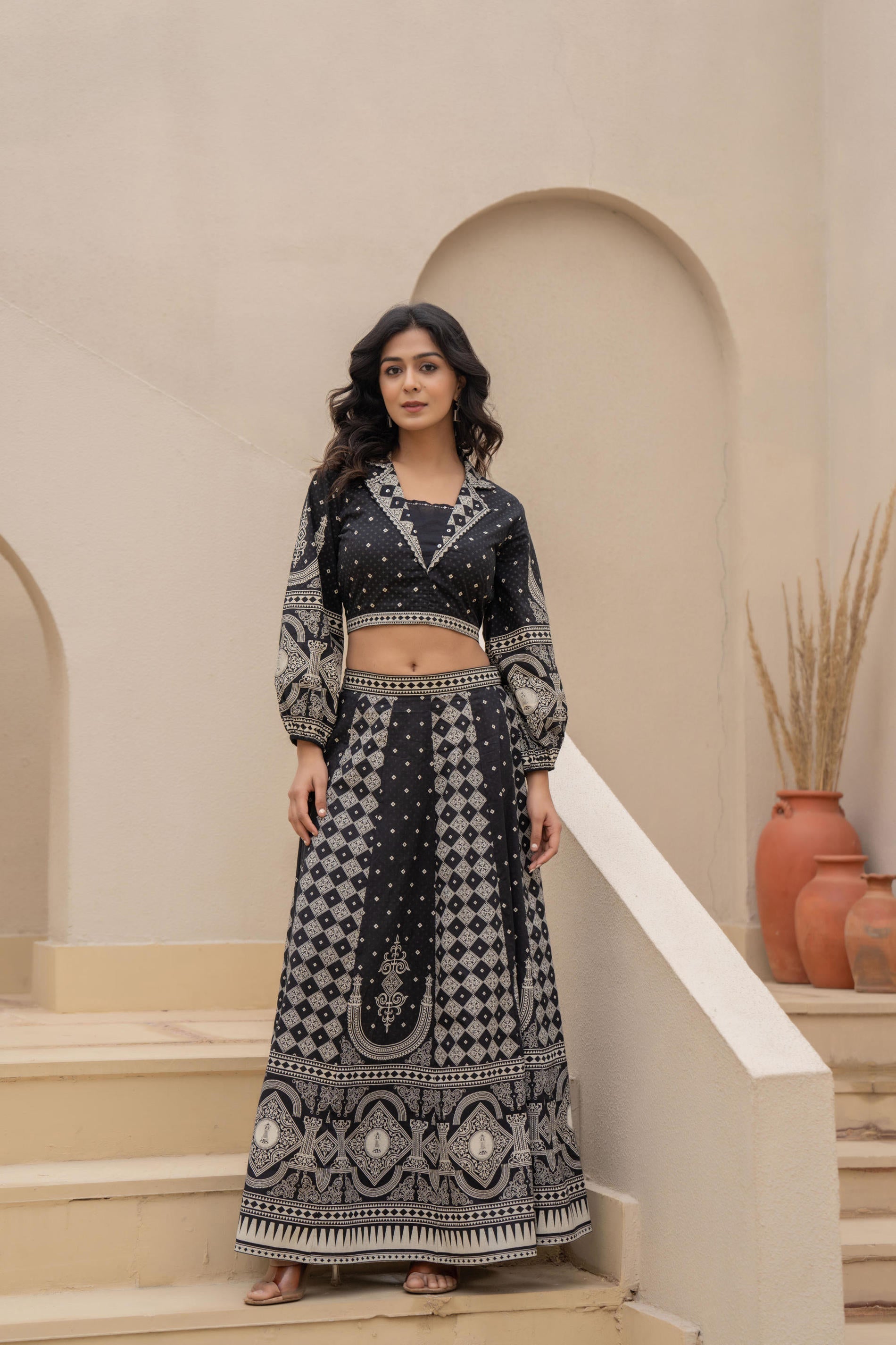 Black & White Printed Lehenga Choli Set with Ethnic Motifs | DesiQlo