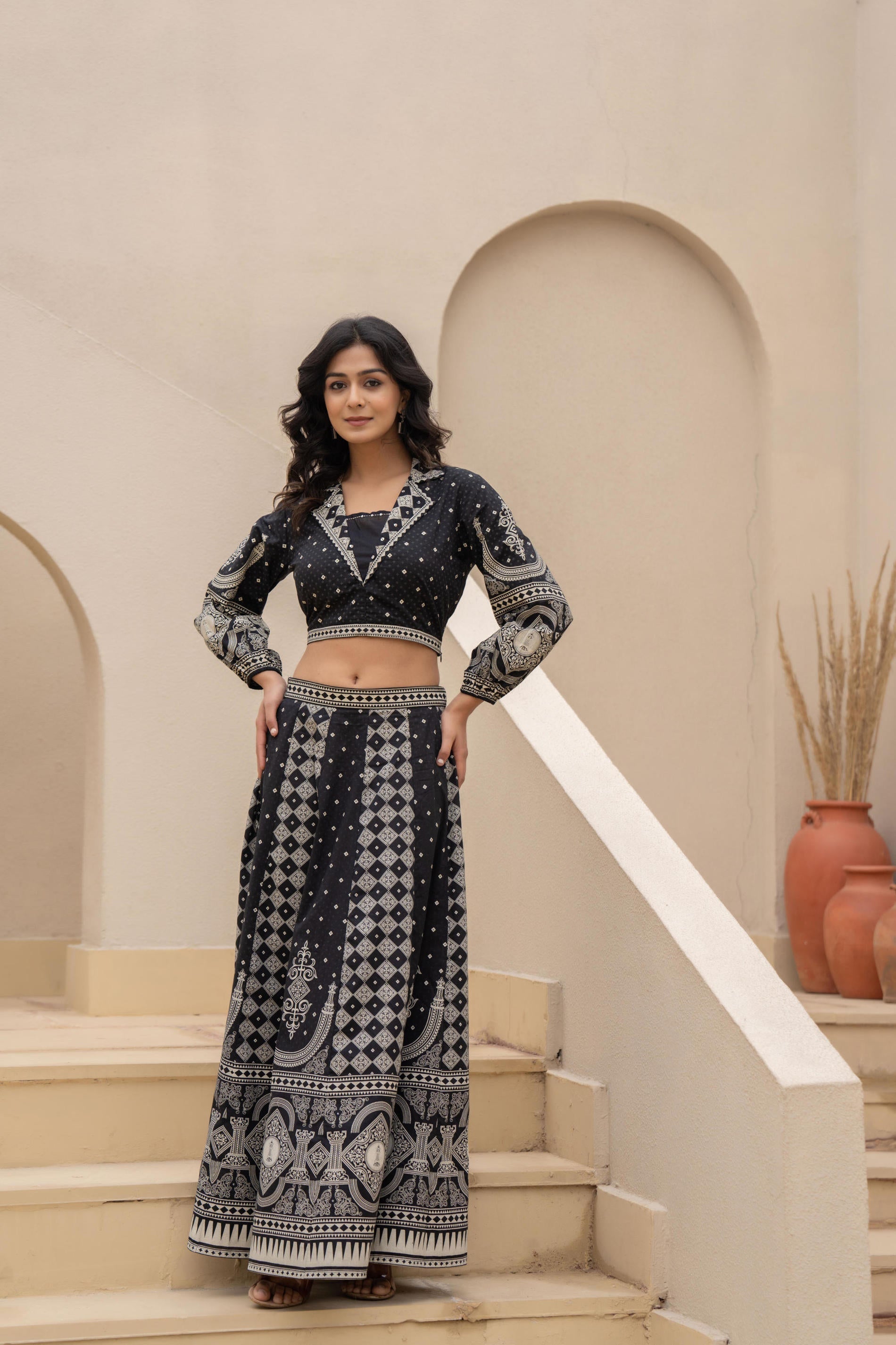 Black & White Printed Lehenga Choli Set with Ethnic Motifs | DesiQlo