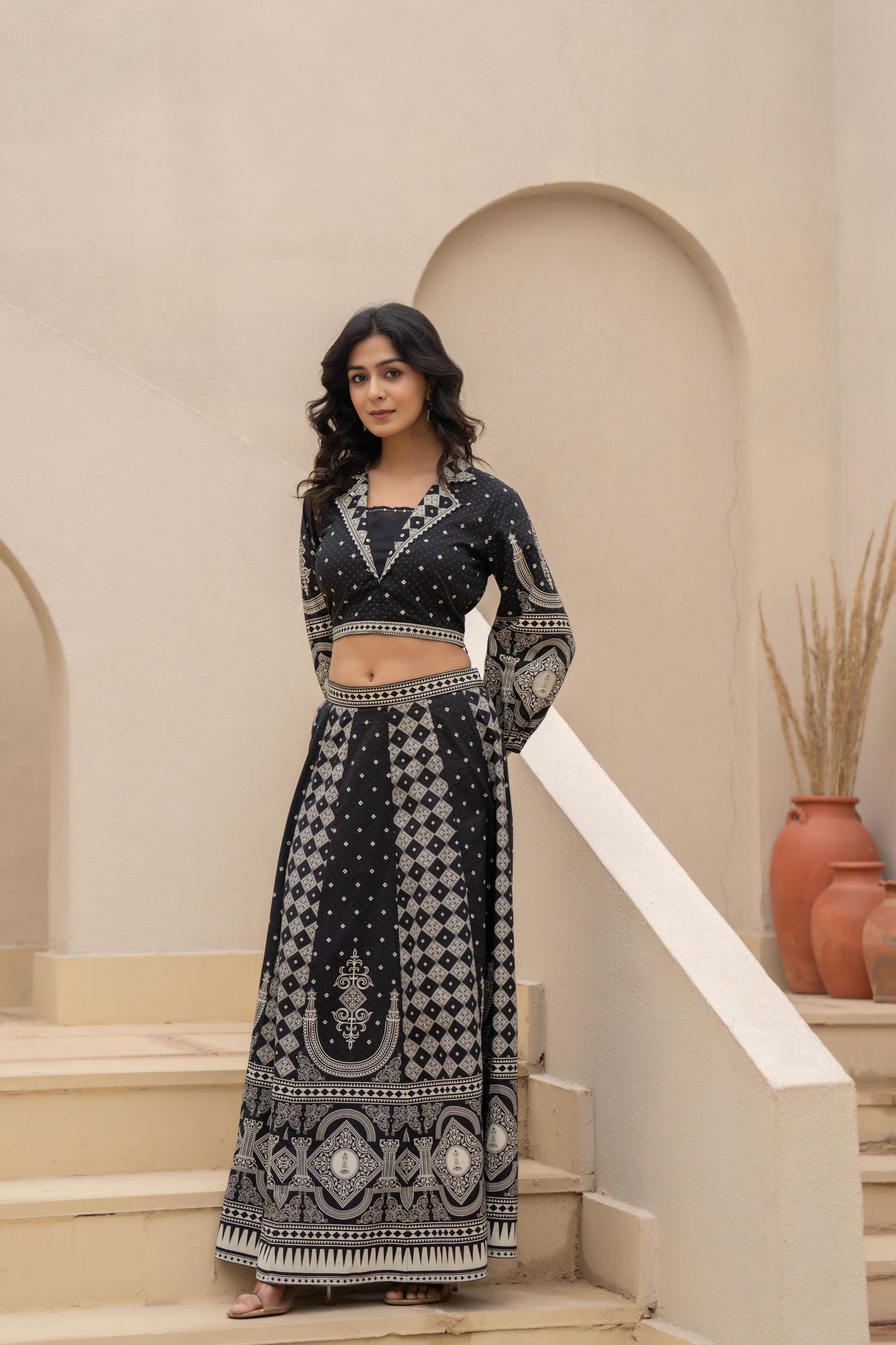 Black & White Printed Lehenga Choli Set with Ethnic Motifs | DesiQlo