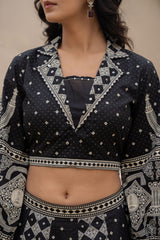 Black & White Printed Lehenga Choli Set with Ethnic Motifs