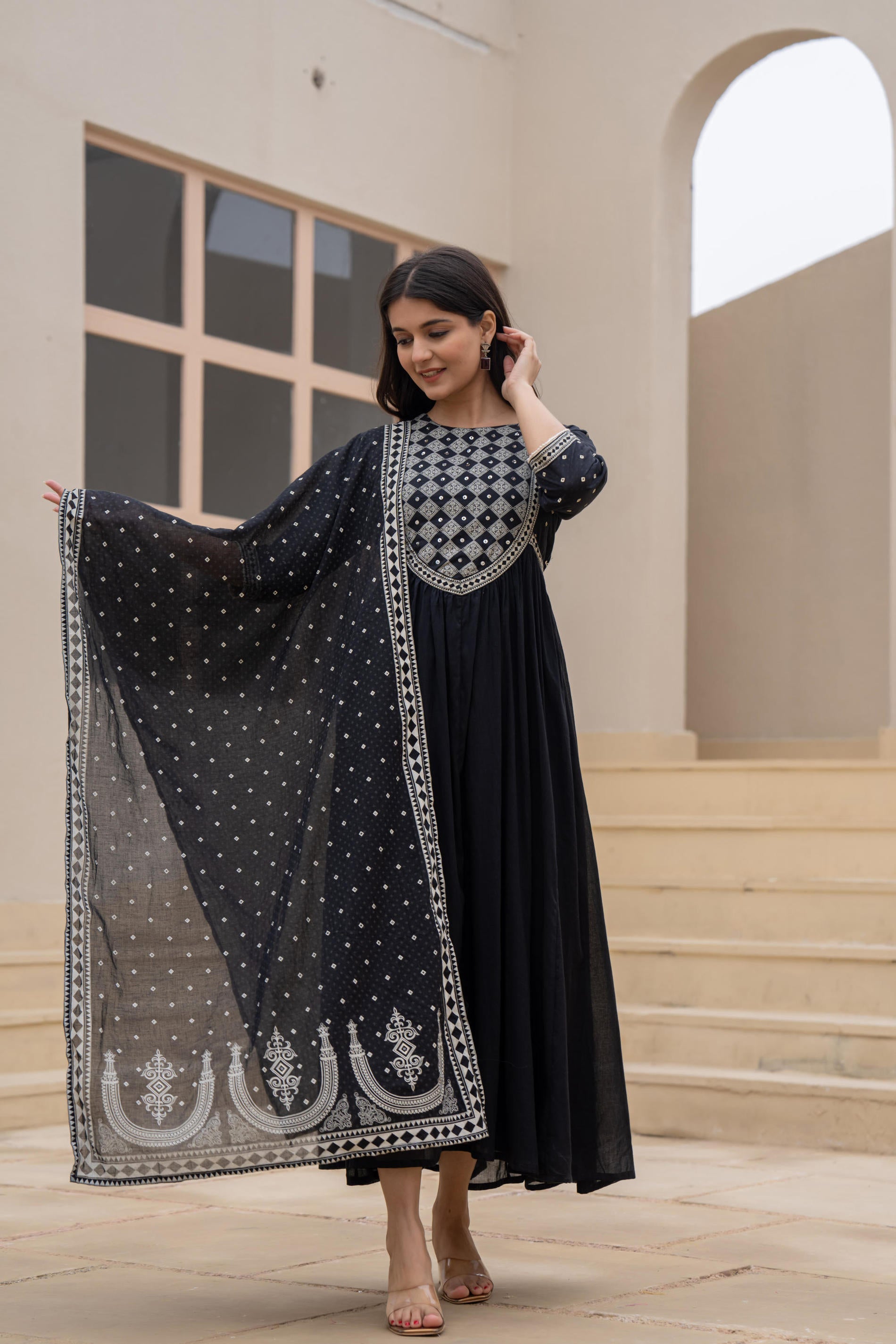 Black Anarkali Dress with Embroidered Dupatta | DesiQlo