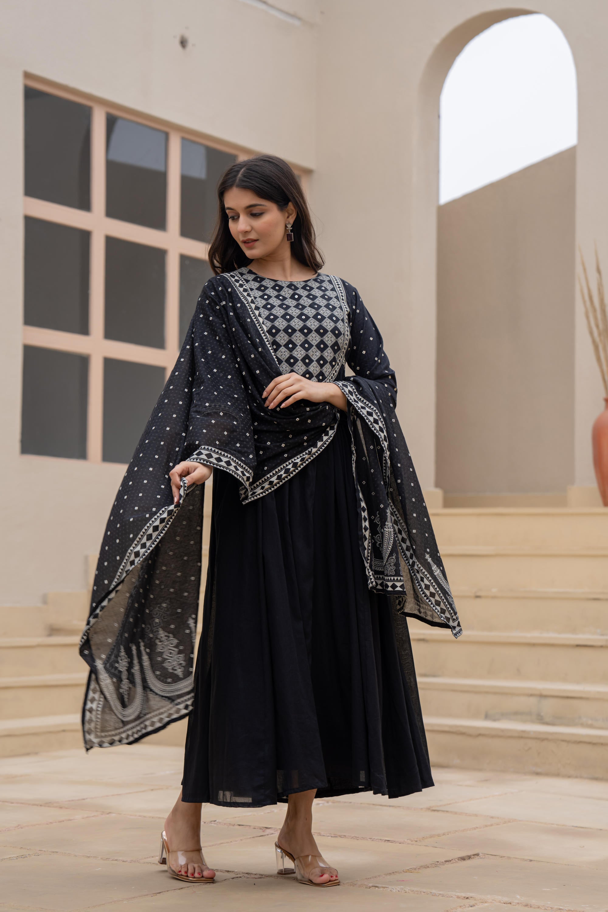 Black Anarkali Dress with Embroidered Dupatta | DesiQlo